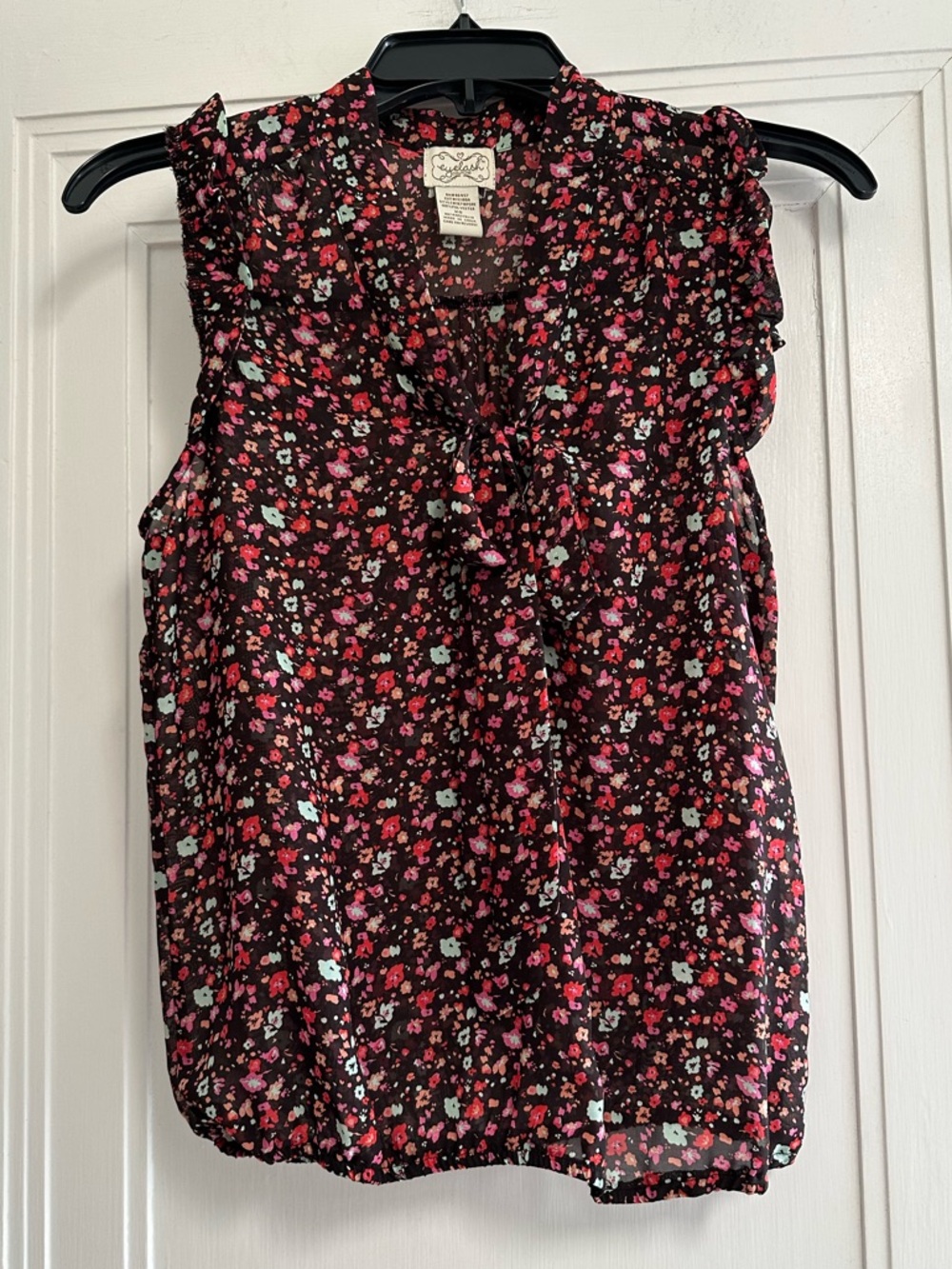 eyelash couture Brown Floral Ruffle Sleeveless Blouse, Pink & Mint Accents - XS